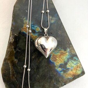 Sterling Silver 925 Hollow Puffy Heart Pendant Necklace 24" Beaded Snake Chain